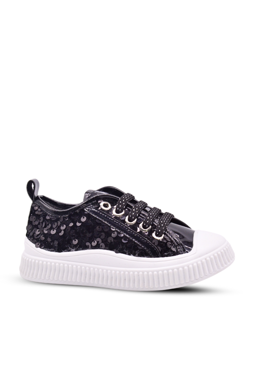 Sweet Kız Çocuk Pullu ve Bağcıklı Siyah Renk Sneaker