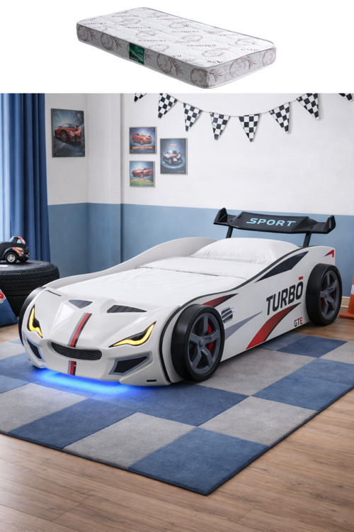 Arabalı Yatak, Turbo GTI Rüzgarlıklı Ledli Arabalı Çocuk Yatağı - Beyaz - 1 Adet Comfort Yatak