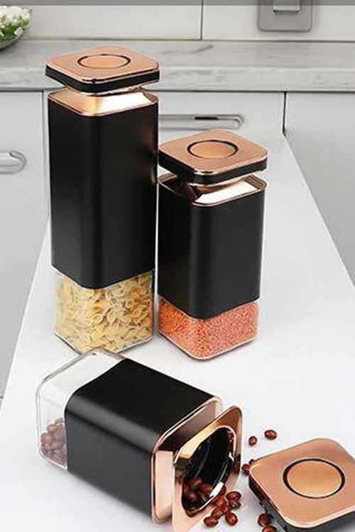 Kosova 3 Lü Cam Siyah Bakır Kavanoz Seti