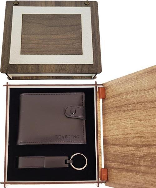 Ahşap Kutulu Deri Cüzdan Anahtarlık Set Dekoratif Hediyelik