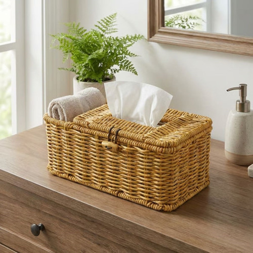 ® Bölmeli Kapaklı Doğal Rattan Görünümlü Hasır Makyaj, Takı ve Havlu Düzenleyici – Peçetelikli