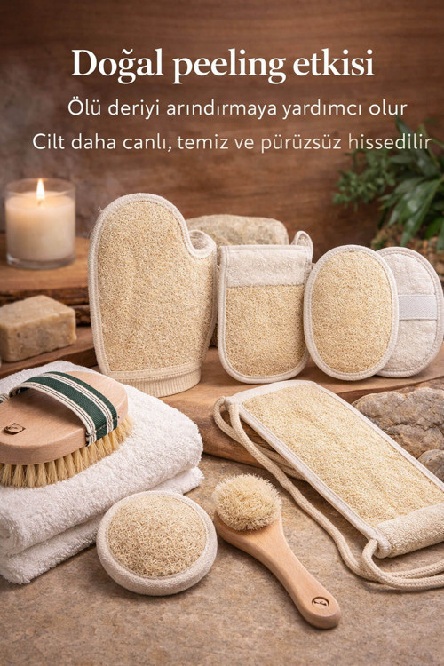 8 Parça Doğal Bakım Full Set - At Kılı Vücut & Yüz Fırçası + 6 Farklı Kabak Lifi Kese Spa Paketi