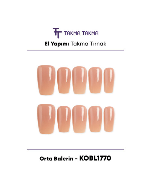 KOBL1770 Orta Balerin 10'lu Tekrar Kullanılabilir El Yapımı Protez Takma Tırnak Ten Rengi-S