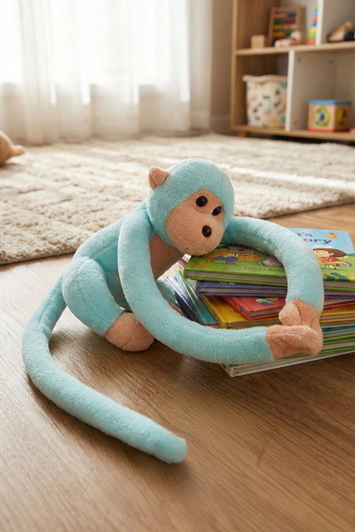 Elleri Yapışan Oyun Ve Uyku Arkadaşı Peluş Maymun Turkuaz
