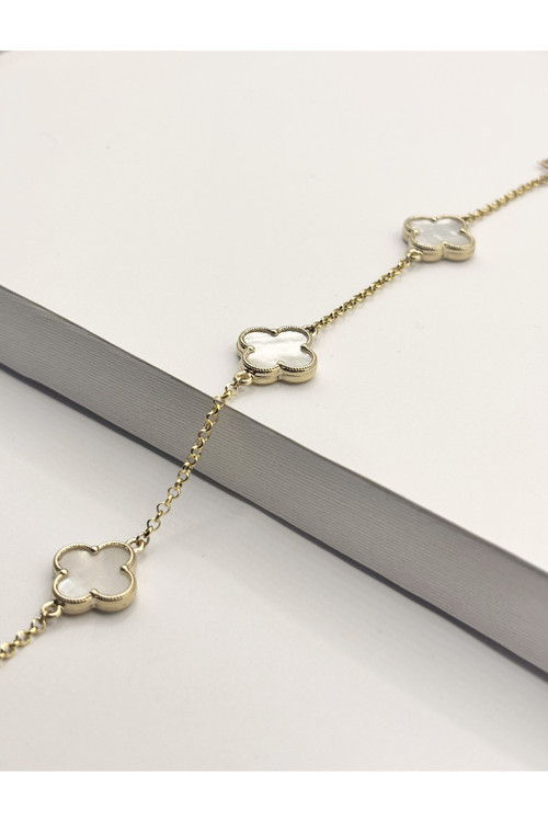 14 Ayar Altın Büyük Beyaz Sedefli Taşlı Yonca Bileklik