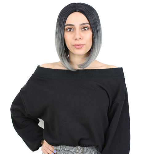 Miku Design Kahkülsüz Düz Kısa Fiber Sentetik Peruk / Siyah / Gri Ombreli