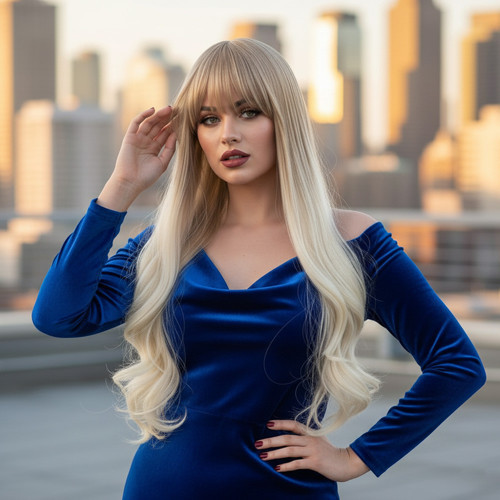 Miku Design Kahküllü Uzun Dalgalı Fiber Sentetik Peruk / Küllü Balköpüğü / Platin Ombreli