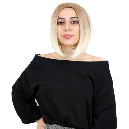 Miku Design Kahkülsüz Düz Kısa Fiber Sentetik Peruk / Balköpüğü / Platin Ombreli