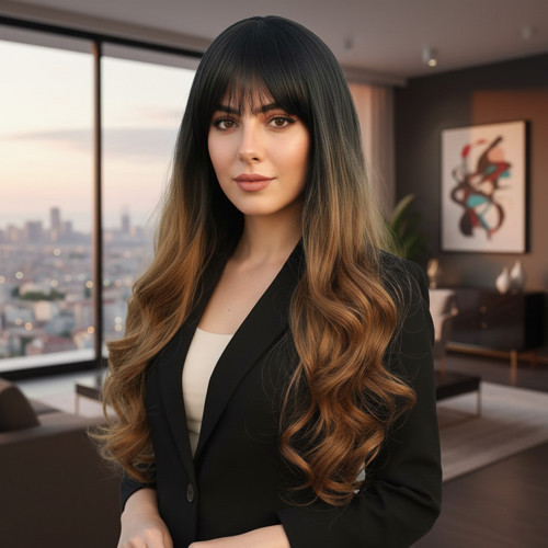 Miku Design Kahküllü Uzun Dalgalı Fiber Sentetik Peruk / Siyah / Karamel Ombreli