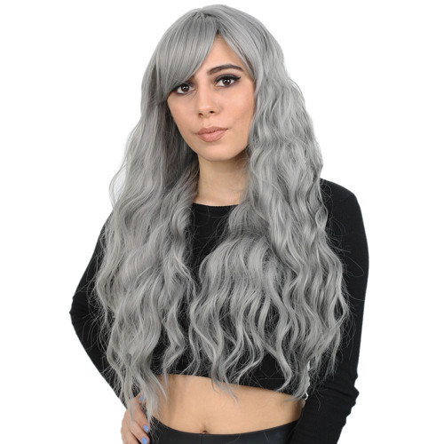 Miku Design Perçemli Uzun Su Dalgası Fiber Sentetik Peruk / Açık Gri