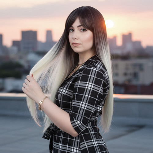 Miku Design Fiber Sentetik Uzun Düz Kahküllü Peruk / Küllü Siyah / Platin Ombreli