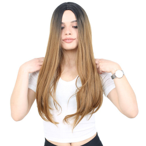 Miku Design Fiber Sentetik Uzun Düz Peruk / Siyah / Karamel Ombreli
