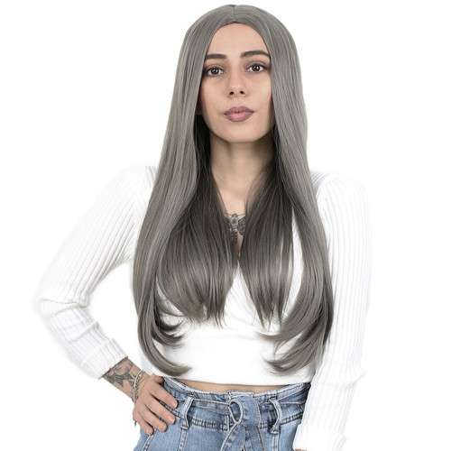 Miku Design Fiber Sentetik Uzun Düz Peruk / Koyu Gri