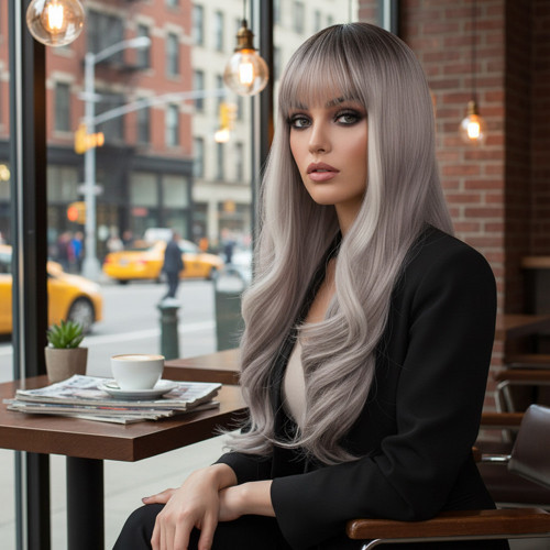 Miku Design Doğal Dalgalı Perçemli Fiber Sentetik Uzun Boy Peruk / Koyu Kumral / Açık Rus Kumralı Ombre ve Röfle