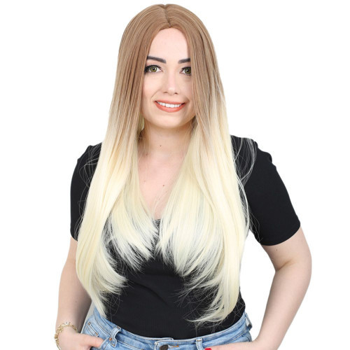 Miku Design Fiber Sentetik Uzun Düz Peruk / Balköpüğü / Platin Ombreli
