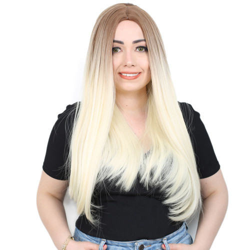 Miku Design Fiber Sentetik Uzun Düz Peruk / Kumral / Platin Ombreli