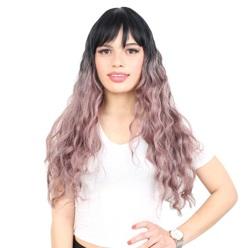 Miku Design Perçemli Uzun Su Dalgası Fiber Sentetik Peruk/ Siyah / Gül Kurusu Ombreli