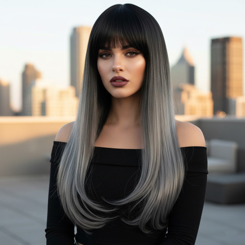 Miku Design Fiber Sentetik Uzun Düz Kahküllü Peruk / Siyah Gri Ombreli