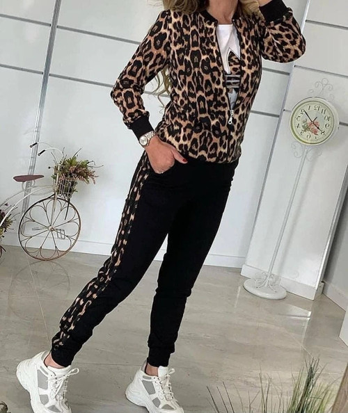 Kadın Uzun Kollu önden Fermuarlı Leopar Desen Detaylı Viskon Iki Iplik Kumaş Ikili Takım