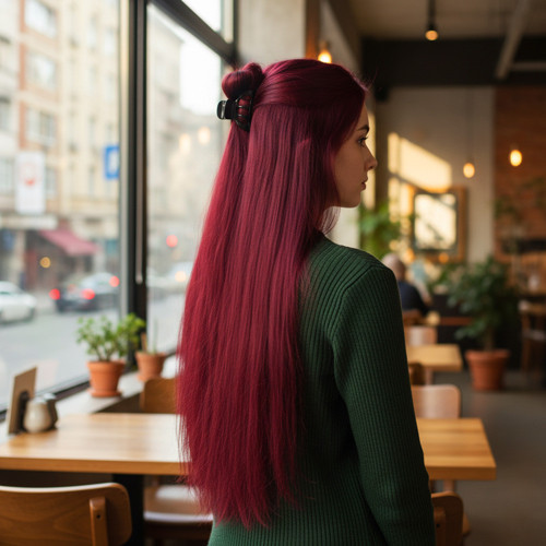 Miku Design Fiber Sentetik Düz Yarım Ay + 2 Yan Çıt Çıt / Kızıl