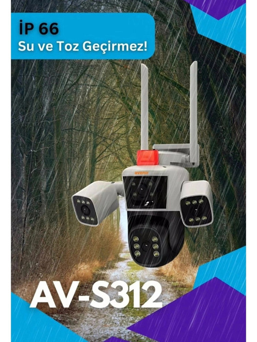 AV-S312 Wi-Fi Akıllı Ip ve Kablolu Çift Başlıklı 3 Lens 3 Kameralı 3Mp Güvenlik kamerası