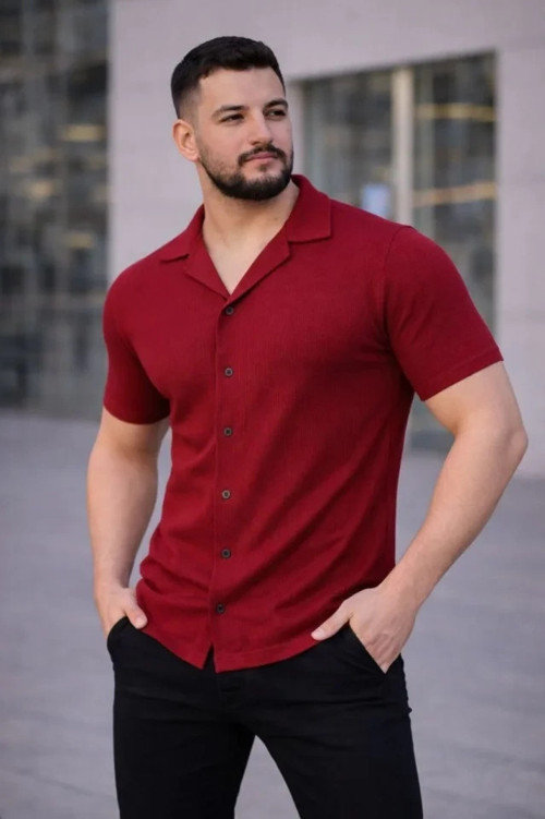 Erkek Waffle Kumaş Kısa Kollu Düğmeli Açık Yaka Regular Fit Gömlek