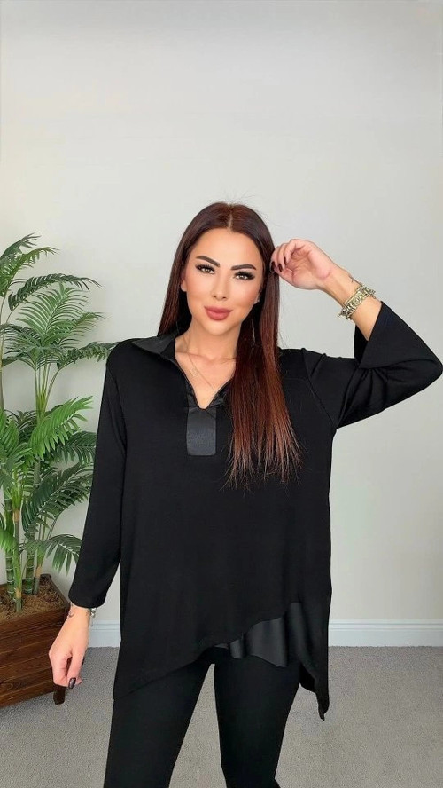 Kadın V Yaka Deri Detay Asimetrik Kesim Bluz