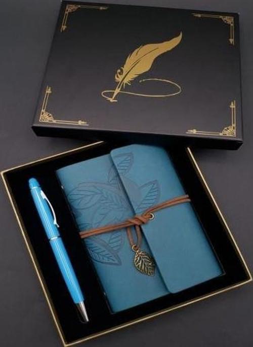 Metal Kalem Mavi Deri Defter Dekoratif Hediyelik