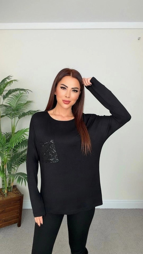 Kadın Uzun Kollu Bisiklet Yaka Pul Payet Cep Detay Bluz