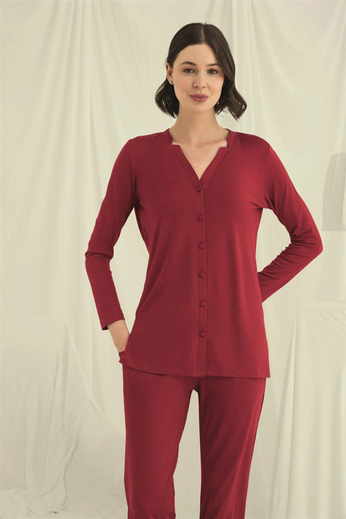 Uzun Kollu Düğmeli V Yaka Pijama Takımı