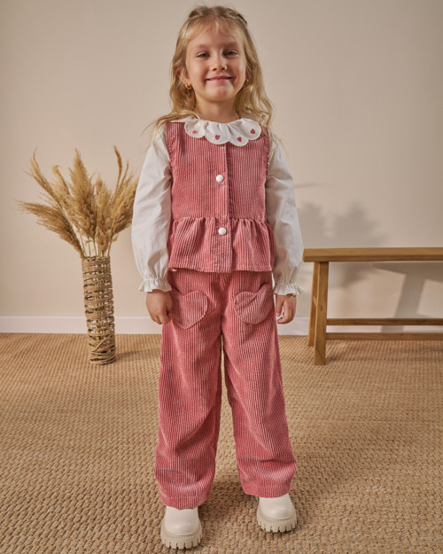 Pudra Kalp Cep Detaylı Fitilli Kadife 3’lü Bayramlık Kız Çocuk Alt Üst Takım - 4-8 Yaş