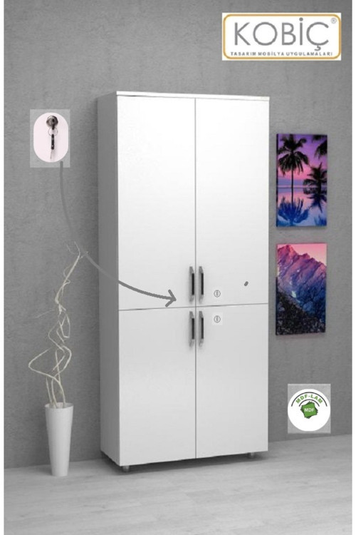 Ofis Dosya Dolabı Kilitli Tam Kapak Mdflam Dolap 80X35X185 Cm (Beyaz)