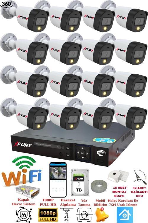 XFury 16 Kameralı Gece Renkli 1080P 2Mp Görüntü Full Hd Ultra Led Gece Renkli Güvenlik Kamerası Seti 1 TB
