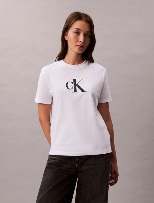 Kısa Kollu Payetli CK Grafikli Kadın Beyaz T-shirt LV044E215G-YAA