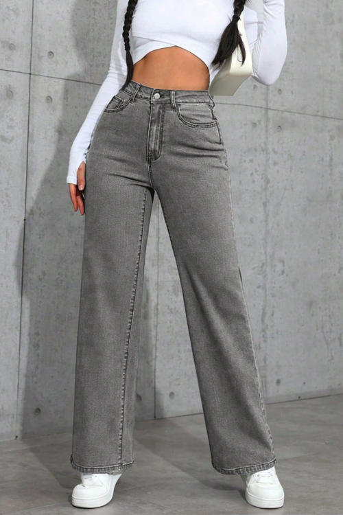 Füme Palazzo Pantolon Wide Leg Yüksek Bel Denim Jeans