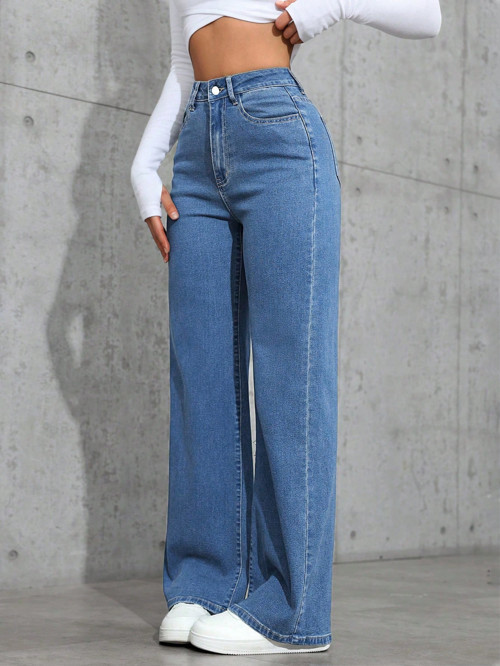 Orta Mavi Palazzo Pantolon Wide Leg Yüksek Bel Denim Jeans