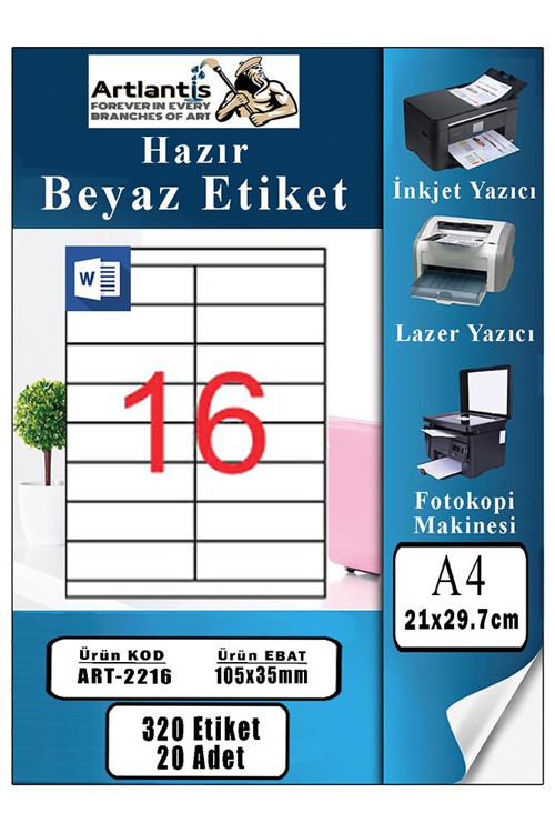 A4 Hazır Etiket 105x35 mm 20 Sayfa 1 Paket 16 lı Kendinden Yapışkanlı Fotokopi Lazer İnkjet Kağıdı Yazıcılar İçin Uyumlu