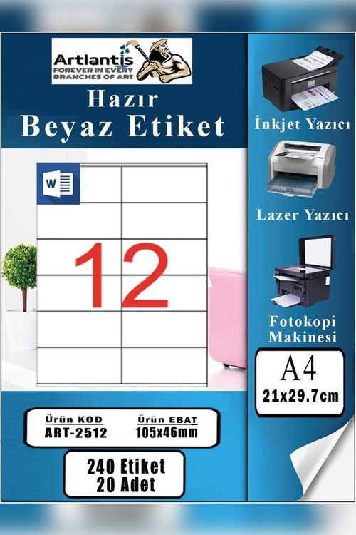 A4 Hazır Etiket 105x46 mm 20 Sayfa 1 Paket 12 li Kendinden Yapışkanlı Fotokopi Lazer İnkjet Kağıdı Yazıcılar İçin Uyumlu