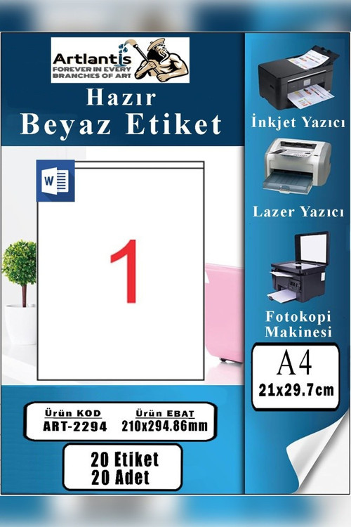 A4 Hazır Etiket 210x294.86 mm 20 Sayfa 1 Paket 1 li Kendinden Yapışkanlı Fotokopi Lazer İnkjet Kağıdı Yazıcılar İçin