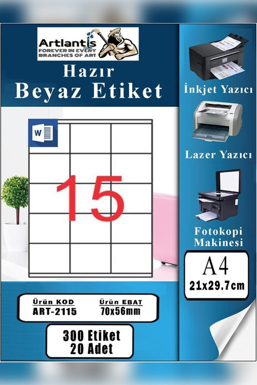 A4 Hazır Etiket 70x56 mm 20 Sayfa 1 Paket 15 li Kendinden Yapışkanlı Fotokopi Lazer İnkjet Kağıdı Yazıcılar İçin Uyumlu