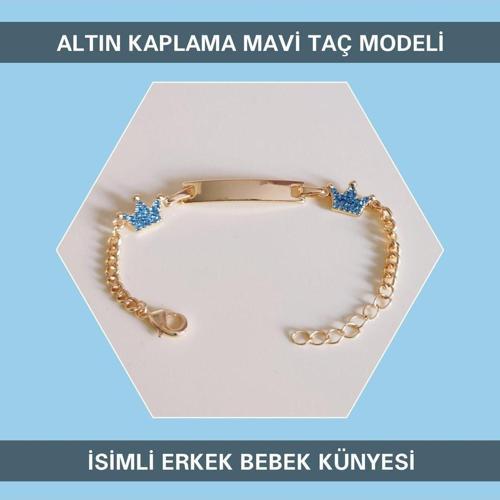 14 Ayar Altın Kaplama Mavi Taç Modeli İsimli Erkek Bebek Künyesi Ibcb064