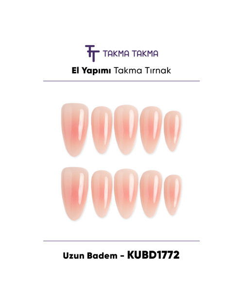 KUBD1772 Uzun Badem 10'lu Tekrar Kullanılabilir El Yapımı Protez Takma Tırnak Pembe-M