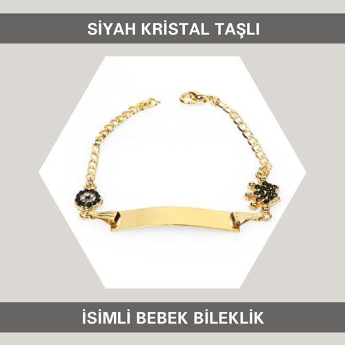 14 Ayar Altın Kaplama Siyah Kristal Taşlı İsimli Erkek Bebek Künyesi 15 Cm