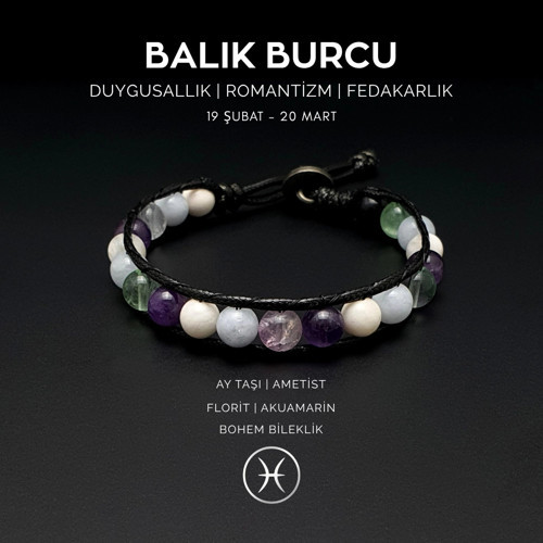 Doğal Taş Bileklik, Balık Burcu, Ay Taşı, Ametist, Akuamarin, Florit Taşı Bohem Bileklik