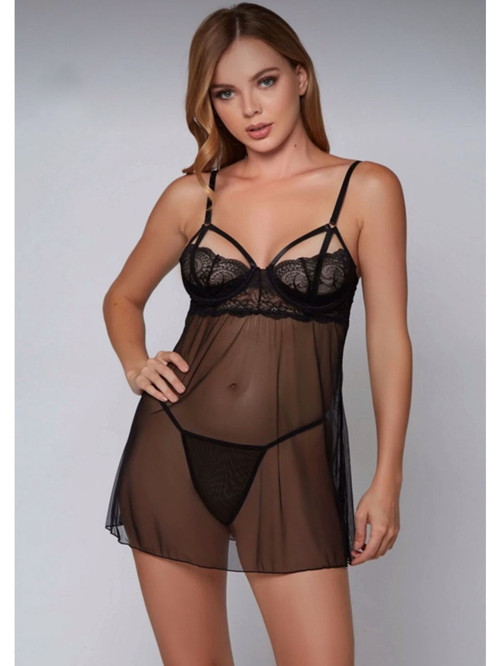 Kadın Transparan Tül Dantelli Babydoll Gecelik ve String Takım