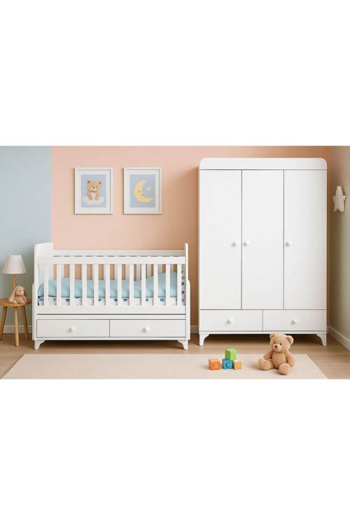 Vuba Bebek Odası Takımı 3 Kapaklı Dolap Ve Anneyanı Sallanır İki Çekmeceli Beşik