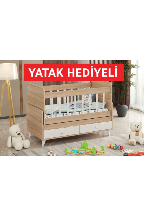 Yatak Hediyeli Ahşap Renkli Retro Salanır Çekmeceli 60X120 Beşik