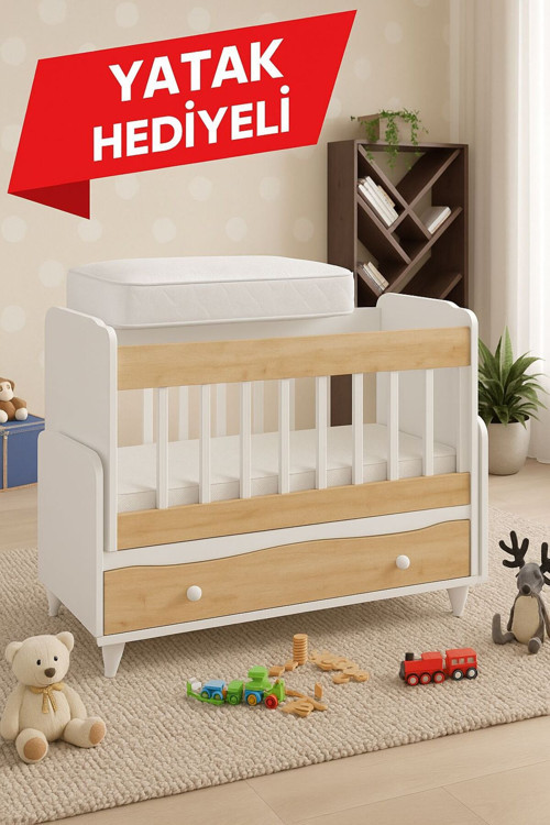 Modimob Yatak Hediyeli Meşe Sallanır Sabitlenebilir Anne Yanı Çekmeceli Beşik