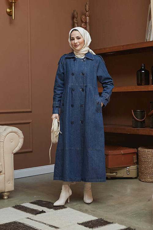 6632-Reglan Kollu Süs Pileli Denim Ceket Koyu Mavi