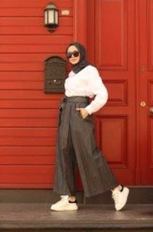 1119-Denim Lastikli Pantolon Etek Koyu Gri